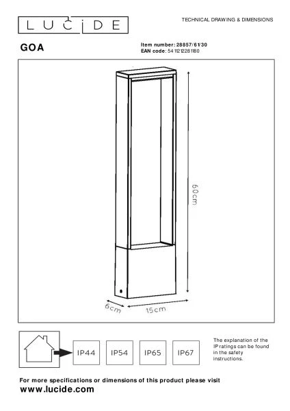 Lucide GOA - Borne extérieur - LED - 1x10W 3000K - IP54 - Anthracite - technique